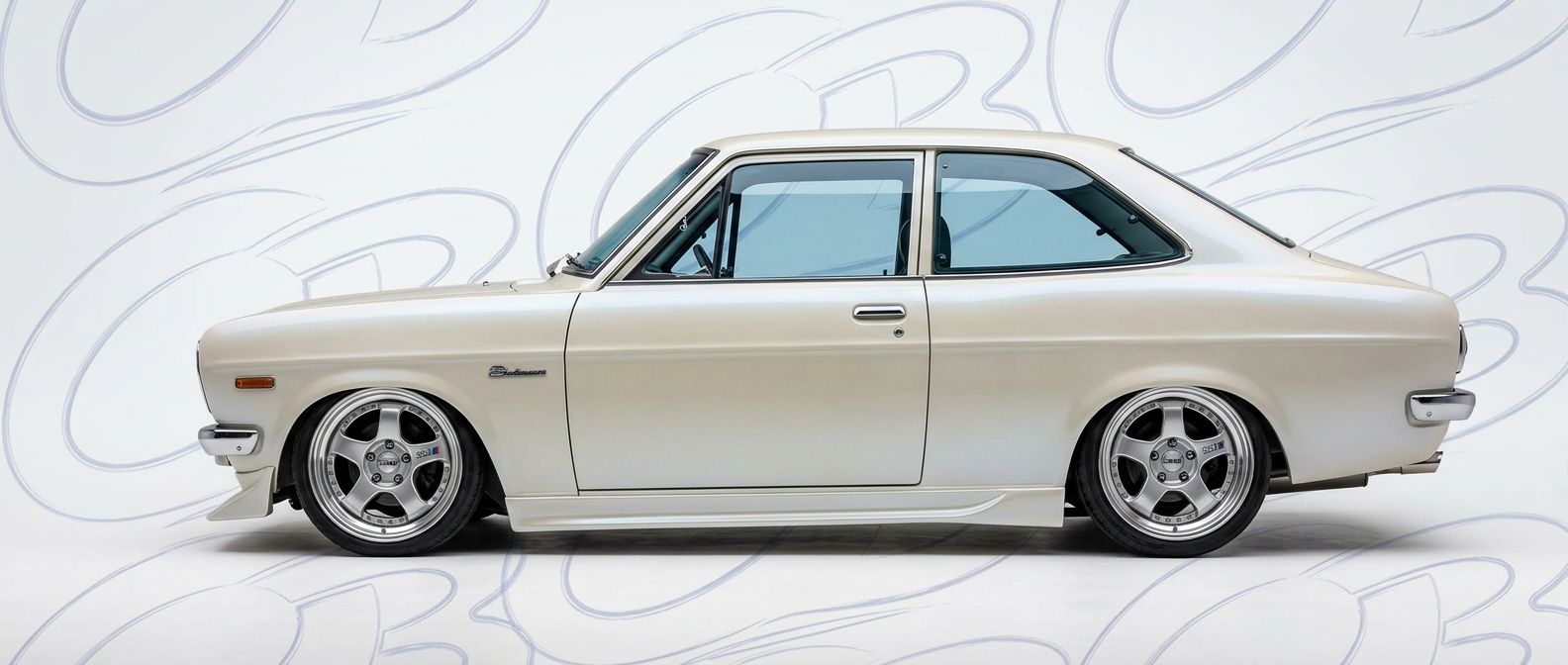Professional automotive photography of a 1973 Datsun Sunny 1200 with high-fidelity 1973.
